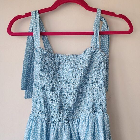 Ditsy Print Smocked Dress | Medium | Light Blue Ruffle Tie Straps Tiered Skirt - Picture 3 of 7